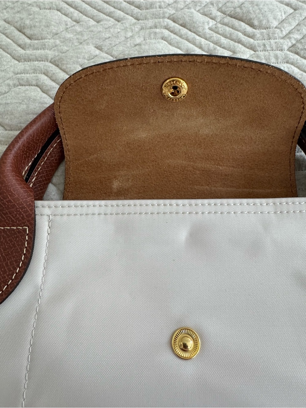 Longchamp Le Pliage Large Top Handle Cream Tote with Brown Leather Trim - Picture 4 of 9